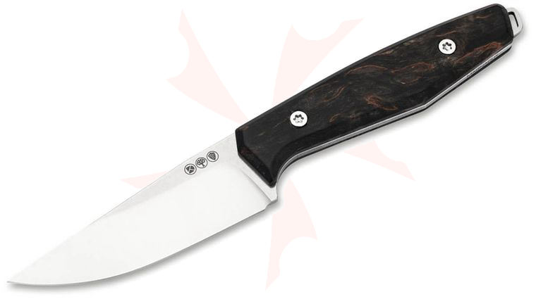 Boker Daily Knives AK1 Pocket Fixed Blade Knife 2.99 inch MagnaCut Satin Drop Point Blade, Black Birch Burl Handles, Leather Sheath