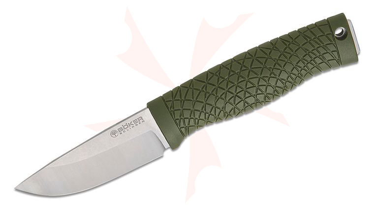 Boker Bronco Mini Fixed Blade Knife 3.5 inch CPM-3V Two-Tone Stonewashed Drop Point, Green TPE Handles, Kydex Sheath