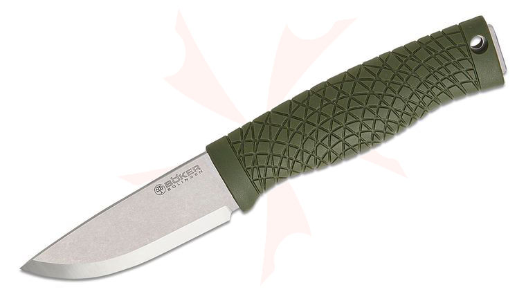Boker Bronco Mini Fixed Blade Knife 3.5 inch CPM-3V Two-Tone Stonewashed Scandi Ground Drop Point Blade, Green TPE Handles, Kydex Sheath