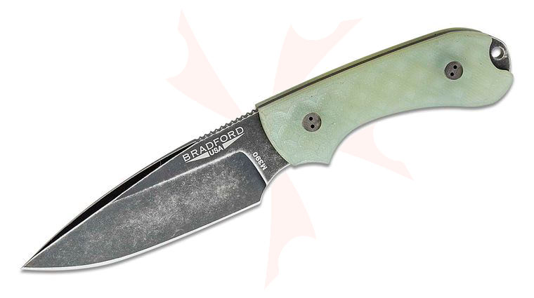 Bradford Knives Guardian3 Fixed Blade Knife 3.5 inch M390 Nimbus Finish False Edge Drop Point, Textured Ghost (Jade) G10 Handles, Leather Sheath