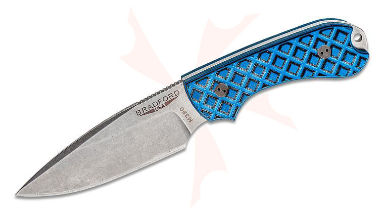 Bradford Knives Guardian3 Fixed Blade Knife 3.5 inch M390 Stonewashed False Edge Drop Point, Textured Blue/Black G10 Handles, Leather Sheath