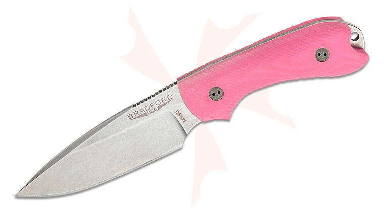 Bradford Knives Guardian3 Fixed Blade Knife 3.5 inch M390 Stonewashed False Edge Drop Point, 3D Pink G10 Handles, Leather Sheath