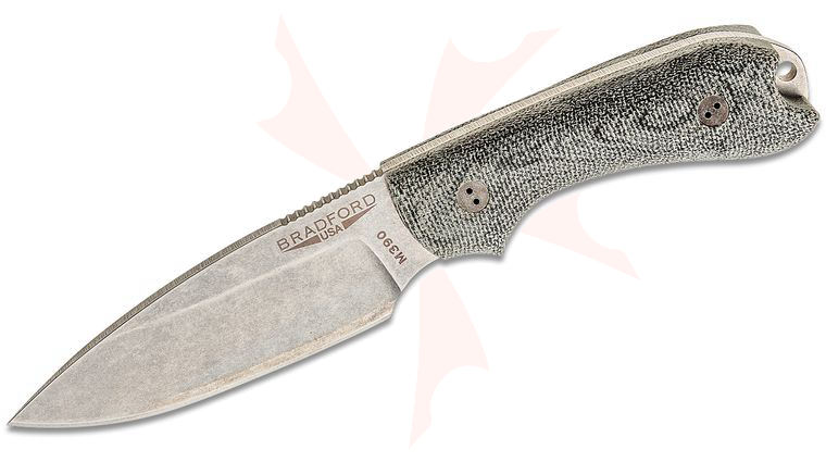 Bradford Knives Guardian3 Fixed Blade Knife 3.5 inch M390 Stonewashed Saber Drop Point Blade, 3D Black Micarta Handles, Leather Sheath