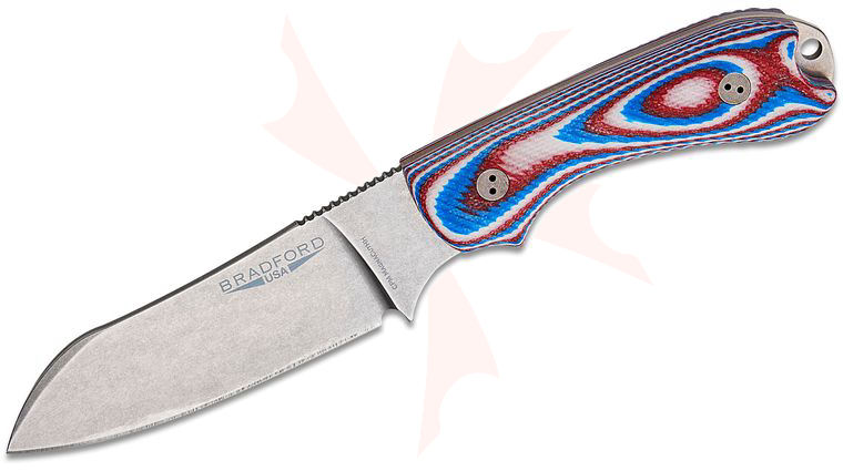Bradford Knives Guardian3 Fixed Blade Knife 3.5 inch CPM-MagnaCut High Hardness Stonewashed Sheepsfoot Blade, 3D Red/White/Blue G10 Handles, Leather Sheath