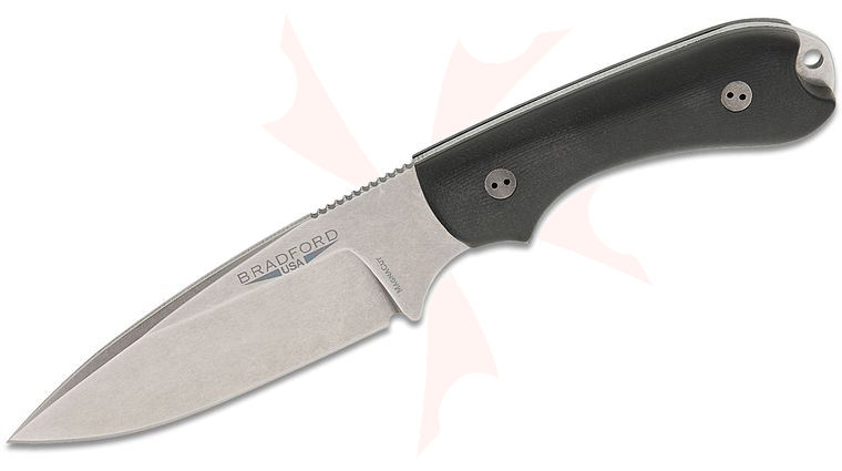 Bradford Knives Guardian3.2 Fixed Blade Knife 3.875 inch CPM-MagnaCut Stonewashed False Edge Drop Point Blade, 3D Black Micarta Handles, Leather Sheath