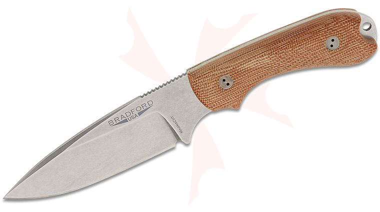 Bradford Knives Guardian3.2 Fixed Blade Knife 3.875 inch CPM-MagnaCut Stonewashed False Edge Drop Point Blade, 3D Natural Micarta Handles, Leather Sheath