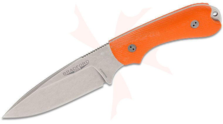 Bradford Knives Guardian3.2 Fixed Blade Knife 3.875 inch CPM-MagnaCut Stonewashed False Edge Drop Point Blade, 3D Microtextured Orange G10 Handles, Leather Sheath