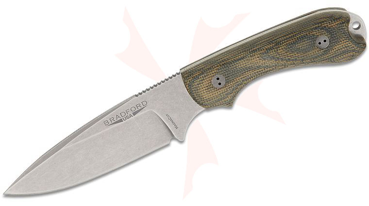 Bradford Knives Guardian3.2 Fixed Blade Knife 3.875 inch CPM-MagnaCut Stonewashed False Edge Drop Point Blade, 3D Camo Micarta Handles, Leather Sheath