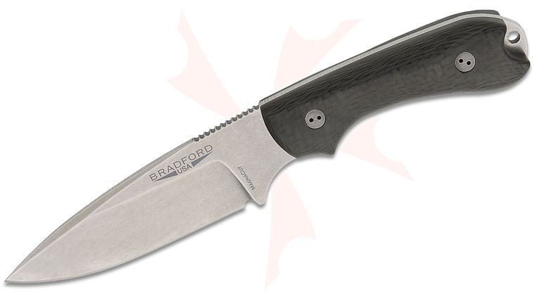 Bradford Knives Guardian3.2 Fixed Blade Knife 3.875 inch CPM-MagnaCut Stonewashed False Edge Drop Point Blade, 3D Carbon Fiber Handles, Leather Sheath