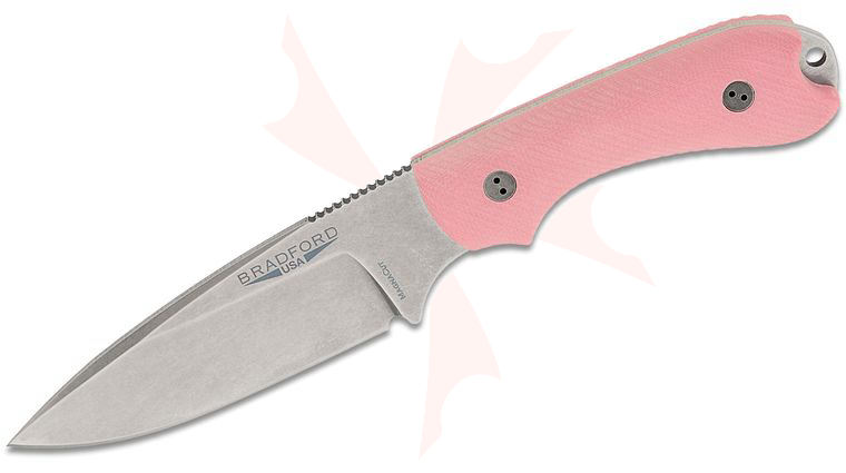 Bradford Knives Guardian3.2 Fixed Blade Knife 3.875 inch CPM-MagnaCut Stonewashed False Edge Drop Point Blade, 3D Microtextured Pink G10 Handles, Leather Sheath