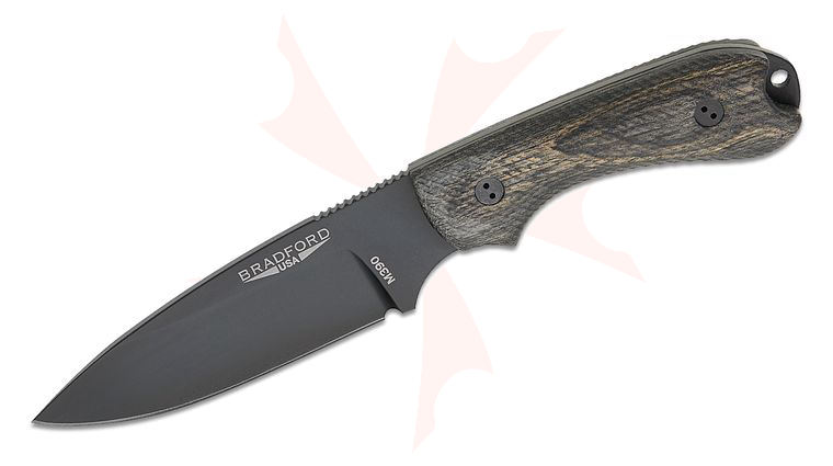 Bradford Knives Guardian3.2 Fixed Blade Knife 3.875 inch M390 Black DLC Saber Drop Point Blade, 3D Liberty Wood Charcoal Handles, Leather Sheath