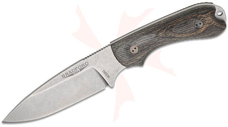 Bradford Knives Guardian3.2 Fixed Blade Knife 3.875 inch M390 Stonewashed Saber Drop Point Blade, 3D Liberty Wood Charcoal Handles, Leather Sheath