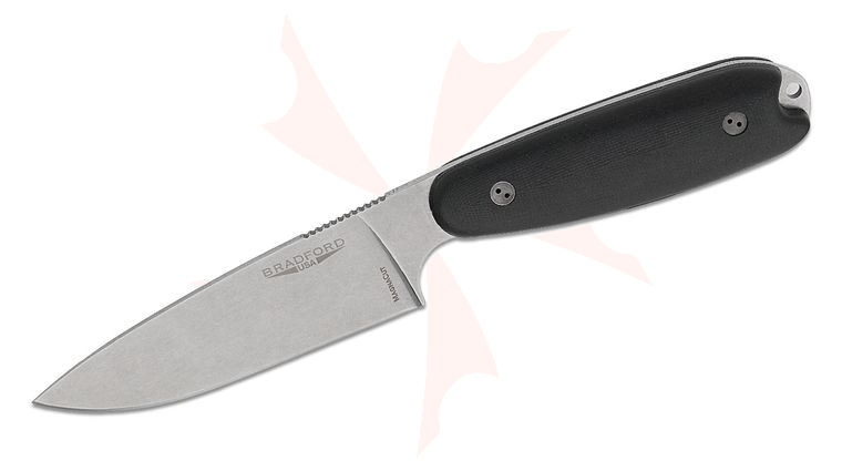 Bradford Knives Guardian3.5XL Fixed Blade Knife 4 inch MagnaCut Stonewashed Full Flat Drop Point Blade, 3D Black Micarta Handles, Leather Sheath