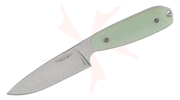 Bradford Knives Guardian3.5XL Fixed Blade Knife 4 inch MagnaCut Stonewashed Full Flat Drop Point Blade, 3D Microtextured Ghost (Jade) G10 Handles, Leather Sheath