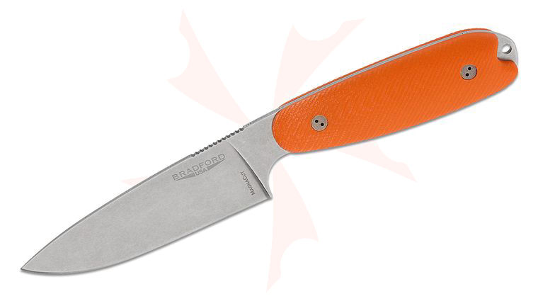 Bradford Knives Guardian3.5XL Fixed Blade Knife 4 inch MagnaCut Stonewashed Full Flat Drop Point Blade, 3D Microtextured Orange G10 Handles, Leather Sheath