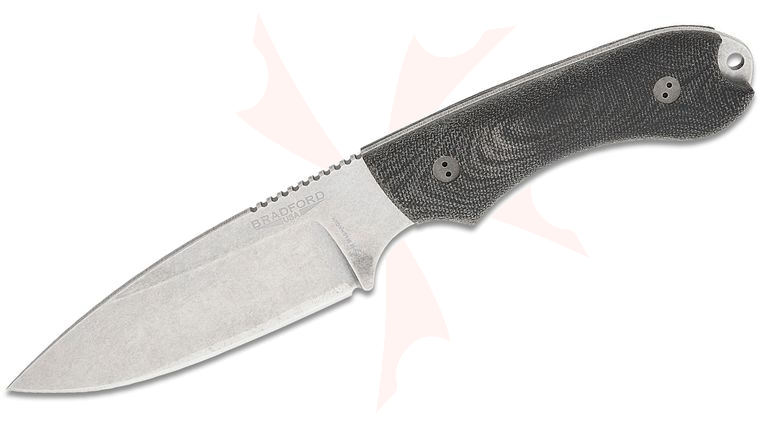 Bradford Knives Guardian4.2 Fixed Blade Knife 4.625 inch CPM-MagnaCut Stonewashed Saber Drop Point Blade, 3D Black Micarta Handles, Leather Sheath