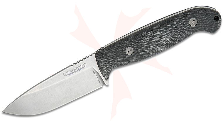 Bradford Knives Guardian4.5 Fixed Blade Knife 4 inch CPM-MagnaCut High Hardness Stonewashed Saber Drop Point Blade, 3D Black Micarta Handles, Leather Sheath