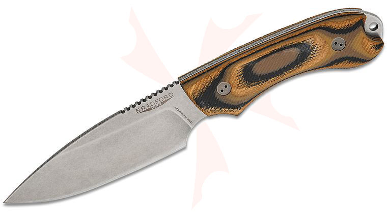 Bradford Knives Guardian4 Fixed Blade Knife 4.625 inch CPM-MagnaCut Stonewashed Saber Drop Point Blade, 3D G-Wood Handles, Leather Sheath