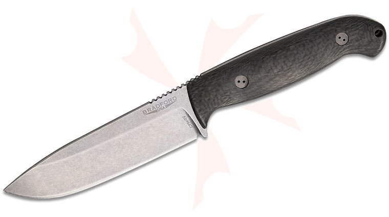 Bradford Knives Guardian5.5 Fixed Blade Knife 5.05 inch CPM-3V Stonewashed Saber Drop Point Blade, 3D Carbon Fiber Handles, Leather Sheath