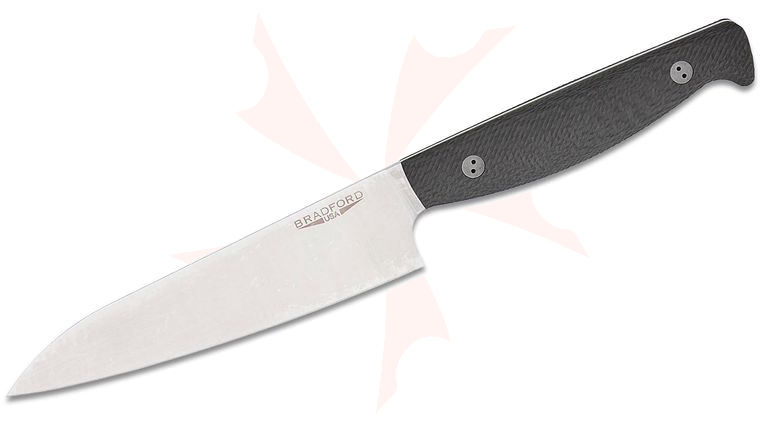 Bradford Knives Kitchen Utility Knife 6.125 inch MagnaCut Stonewashed Full Flat Distal Tapered Blade, 3D Microtextured Carbon Fiber Handles, Leather Sheath