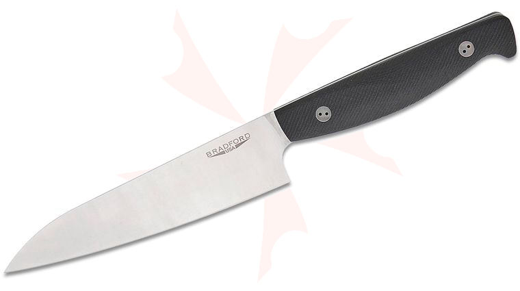Bradford Knives Kitchen Utility Knife 6.125 inch MagnaCut Stonewashed Full Flat Distal Tapered Blade, 3D Microtextured Black G10 Handles, Leather Sheath
