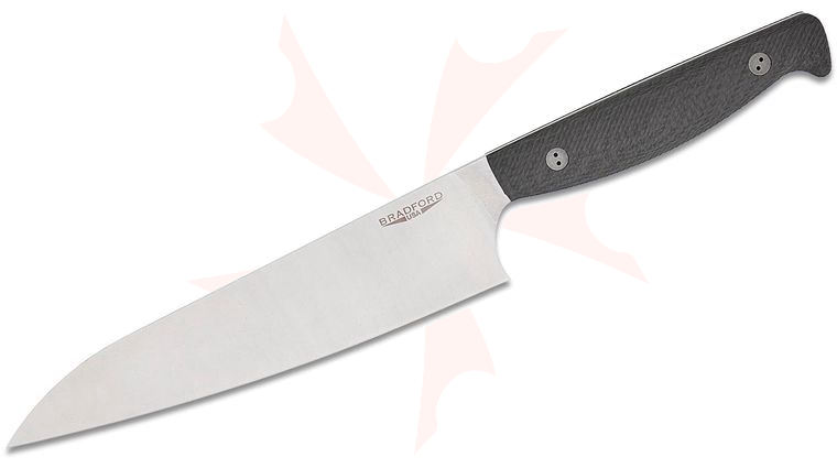 Bradford Knives Kitchen Chef's Knife 7.75 inch MagnaCut Stonewashed Full Flat Distal Tapered Blade, 3D Microtextured Carbon Fiber Handles, Leather Sheath