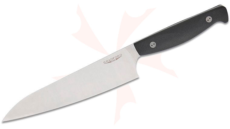 Bradford Knives Kitchen Chef's Knife 7.75 inch MagnaCut Stonewashed Full Flat Distal Tapered Blade, 3D Microtextured Black G10 Handles, Leather Sheath