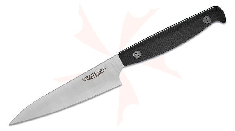 Bradford Knives Kitchen Paring Knife 4.125 inch MagnaCut Stonewashed Full Flat Distal Tapered Blade, 3D Microtextured Carbon Fiber Handles, Leather Sheath