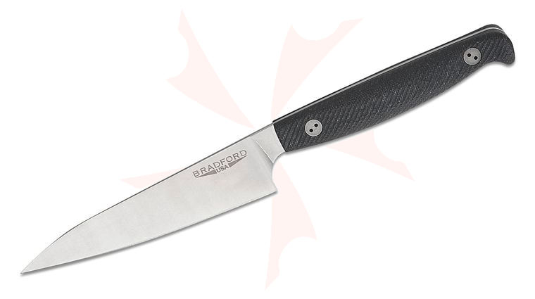 Bradford Knives Kitchen Paring Knife 4.125 inch MagnaCut Stonewashed Full Flat Distal Tapered Blade, 3D Microtextured Black G10 Handles, Leather Sheath