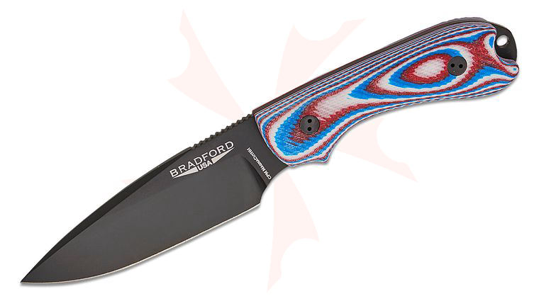 Bradford Knives Guardian3 Fixed Blade Knife 3.5 inch CPM-MagnaCut High Hardness Black DLC False Edge Drop Point Blade, 3D Red/White/Blue G10 Handles, Leather Sheath