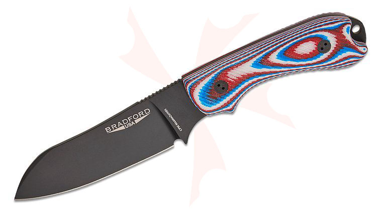 Bradford Knives Guardian3 Fixed Blade Knife 3.5 inch CPM-MagnaCut High Hardness Black DLC Sheepsfoot Blade, 3D Red/White/Blue G10 Handles, Leather Sheath