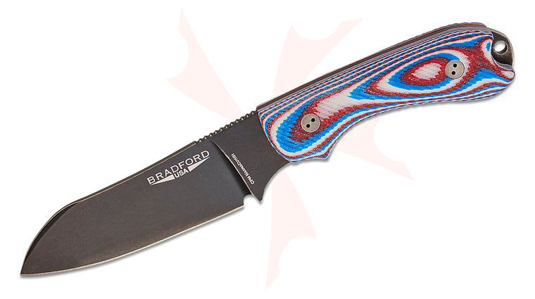 Bradford Knives Guardian3 Fixed Blade Knife 3.5 inch CPM-MagnaCut High Hardness Nimbus Finish Sheepsfoot Blade, 3D Red/White/Blue G10 Handles, Leather Sheath