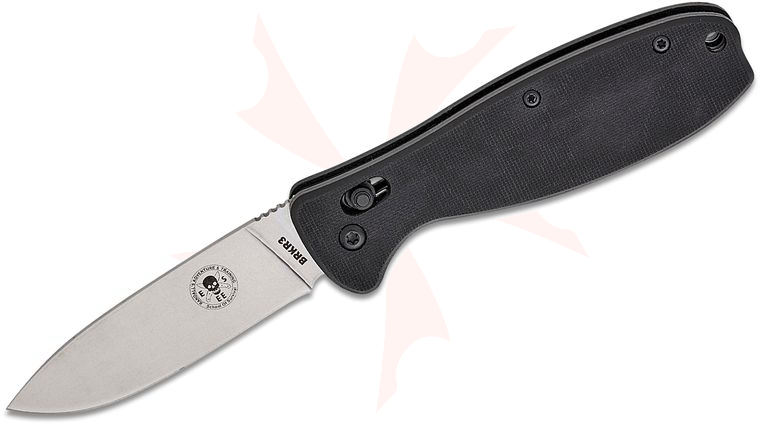 Zancudo AUTO Slide Lock Folding Knife 3 inch 14C28N Stonewashed Drop Point Blade, Black G10 Handles, Designed by ESEE