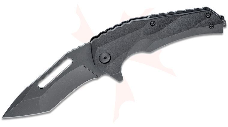 Brous Blades Import Line Willumsen Reloader Flipper Knife 3.625 inch D2 Black Acid Stonewashed Blade, Black Zytel Handles
