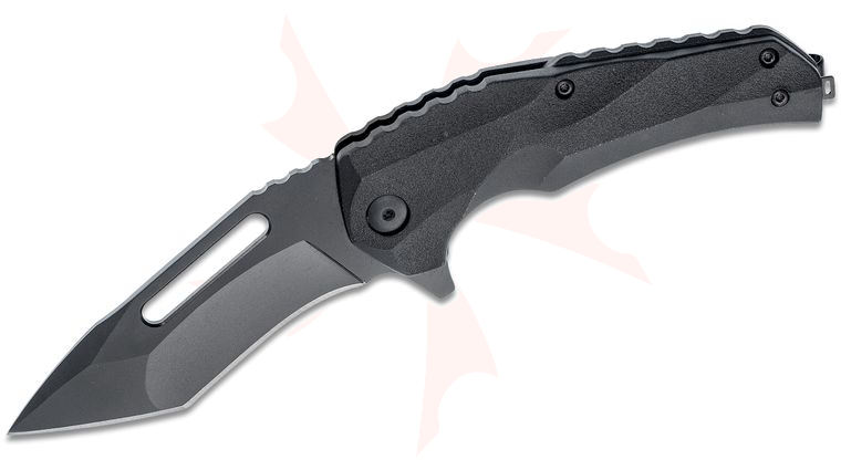 Brous Blades Import Line Willumsen Reloader Flipper Knife 3.625 inch D2 Blackout Blade, Black Zytel Handles