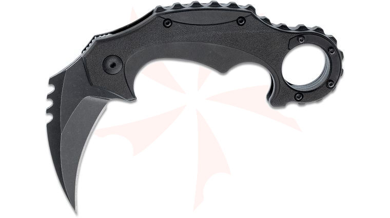 Brous Blades Import Line Enforcer Folding Karambit 2.625 inch D2 Black Acid Stonewashed Blade, Black Zytel Handles
