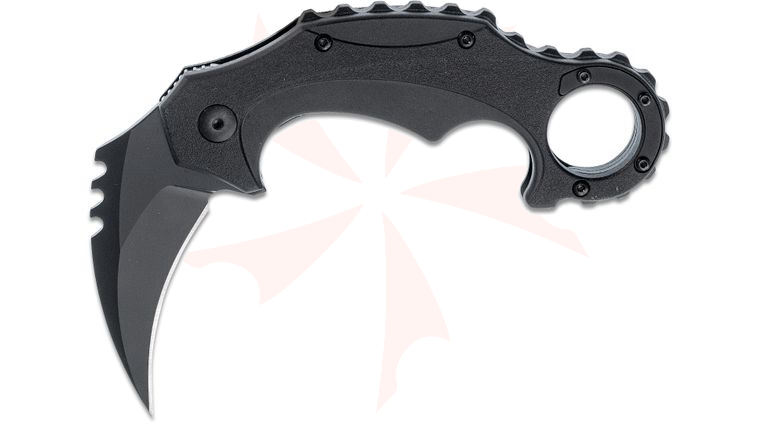 Brous Blades Import Line Enforcer Folding Karambit 2.625 inch D2 Blackout Blade, Black Zytel Handles