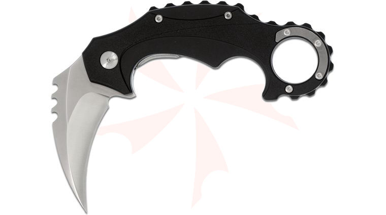 Brous Blades Import Line Enforcer Folding Karambit 2.625 inch D2 Satin Blade, Black Zytel Handles