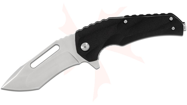Brous Blades Import Line Willumsen Reloader Flipper Knife 3.625 inch D2 Satin Blade, Black Zytel Handles