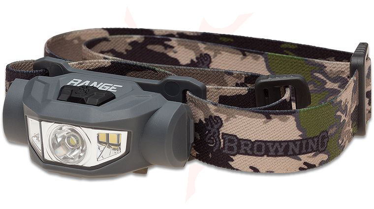 Browning Range Rechargeable Dual Fuel Wide Angle Plus LED Headlamp, Gray Polymer Body and OVIX Camo Strap, 250 Max Lumens