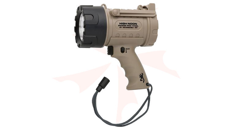 Browning High Noon Power Pro USB Rechargeable LED Spotlight with Power Bank, Tan Polymer Body, 1700 Max Lumens