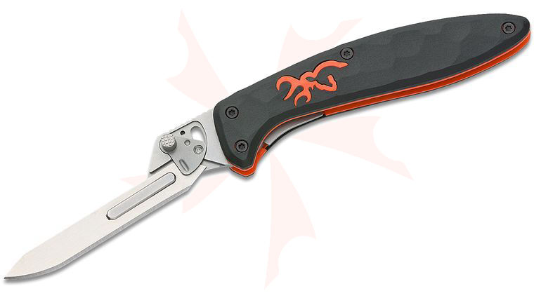 Browning Primal Scalpel Folding Knife 2.75 inch Satin Replaceable Skinner Blade, Rubber Overmolded Polymer Handles, 10 Replacement Blades