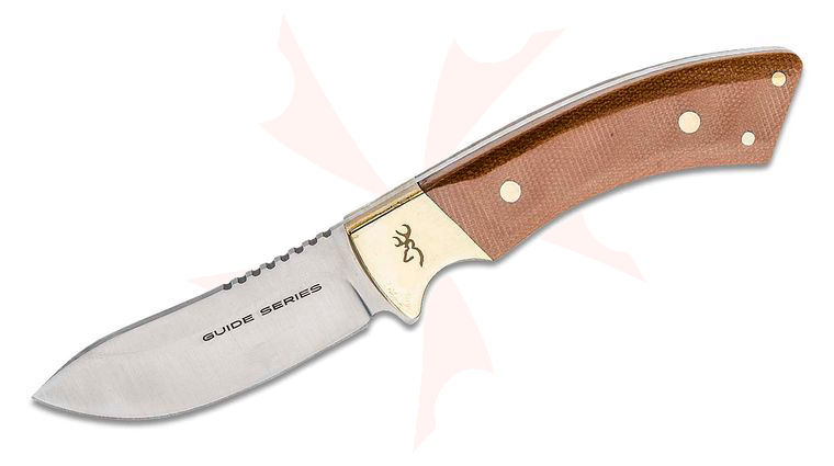 Browning Guide Series Skinner Fixed Blade Knife 3.625 inch 14C28N Satin, Micarta Handles with Steel Bolsters, Leather Sheath