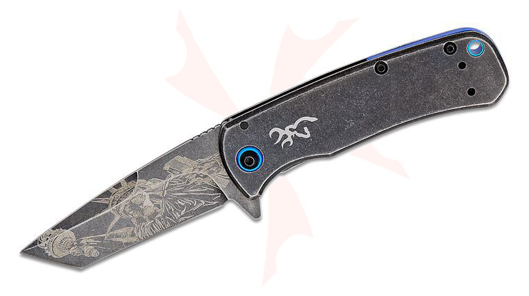 Browning 2023 Patriot Frame Lock Flipper Knife 2.71 inch Black Stonewashed Tanto Blade with Statue of Liberty Etching, Black Stonewashed Steel Handles