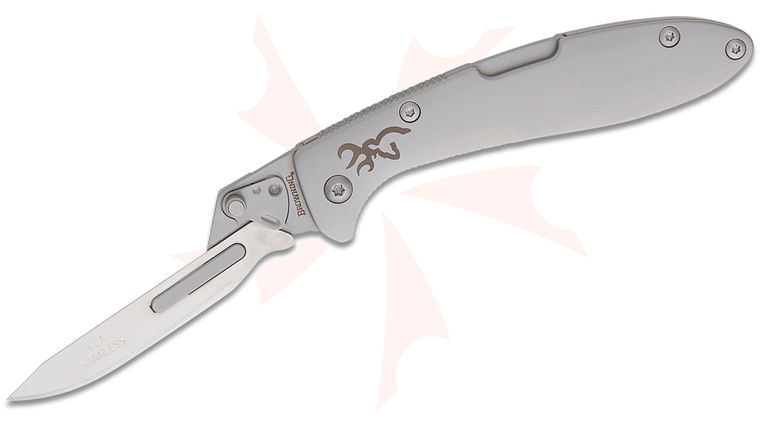 Browning Stainless Scalpel Folding Knife 2.75 inch Satin Replaceable Skinner Blade, Stainless Steel Handles, 20 Replacement Blades