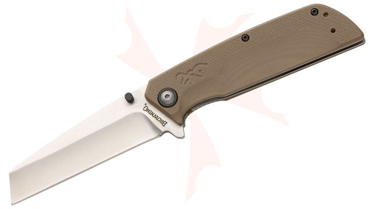 Browning Plateau Assisted Flipper Knife 3.25 inch D2 Stonewashed Cleaver Blade, Tan G10 Handles
