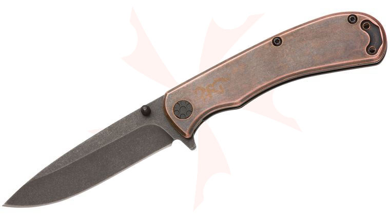Browning Rivet Flipper Knife 3 inch D2 Black Stonewashed Drop Point Blade, Black Stonewashed Copper Handles