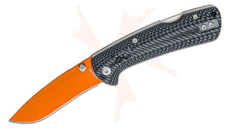 Browning Back Country Folding Knife 3 inch D2 Orange Recurve Drop Point Blade, Black Layered G10 Handles