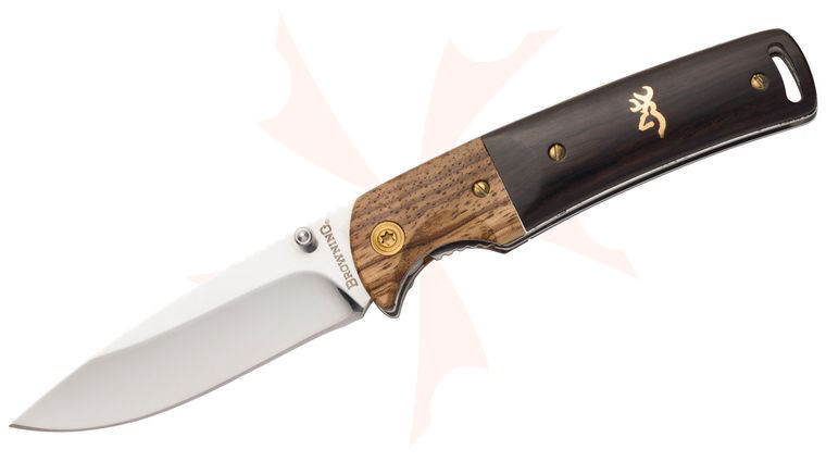 Browning Buckmark Hunter Folding Knife 3 inch Mirror Polished Drop Point Blade, Two-Tone Hardwood Handles with Buckmark Inlay