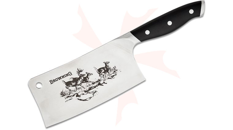 Browning Model 0319 Large Cleaver 7 inch Satin Deer Engraved Blade, Black Aluminum Handles, Leather Edge Sheath